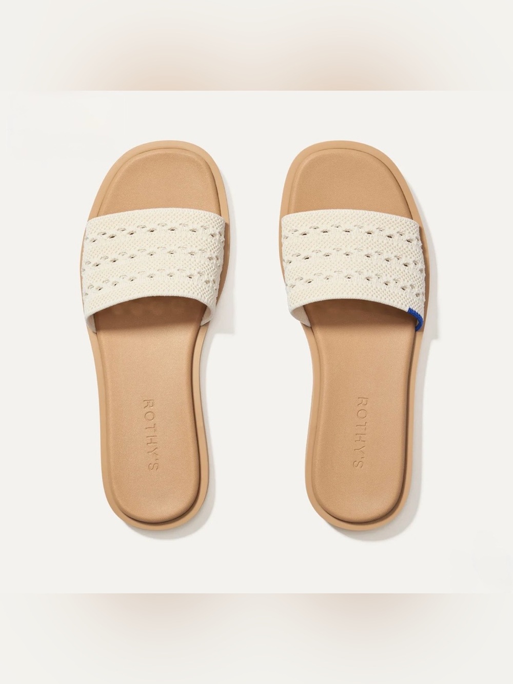 Rothy's Cream Knit Slide Sandals with Tan Footbed
